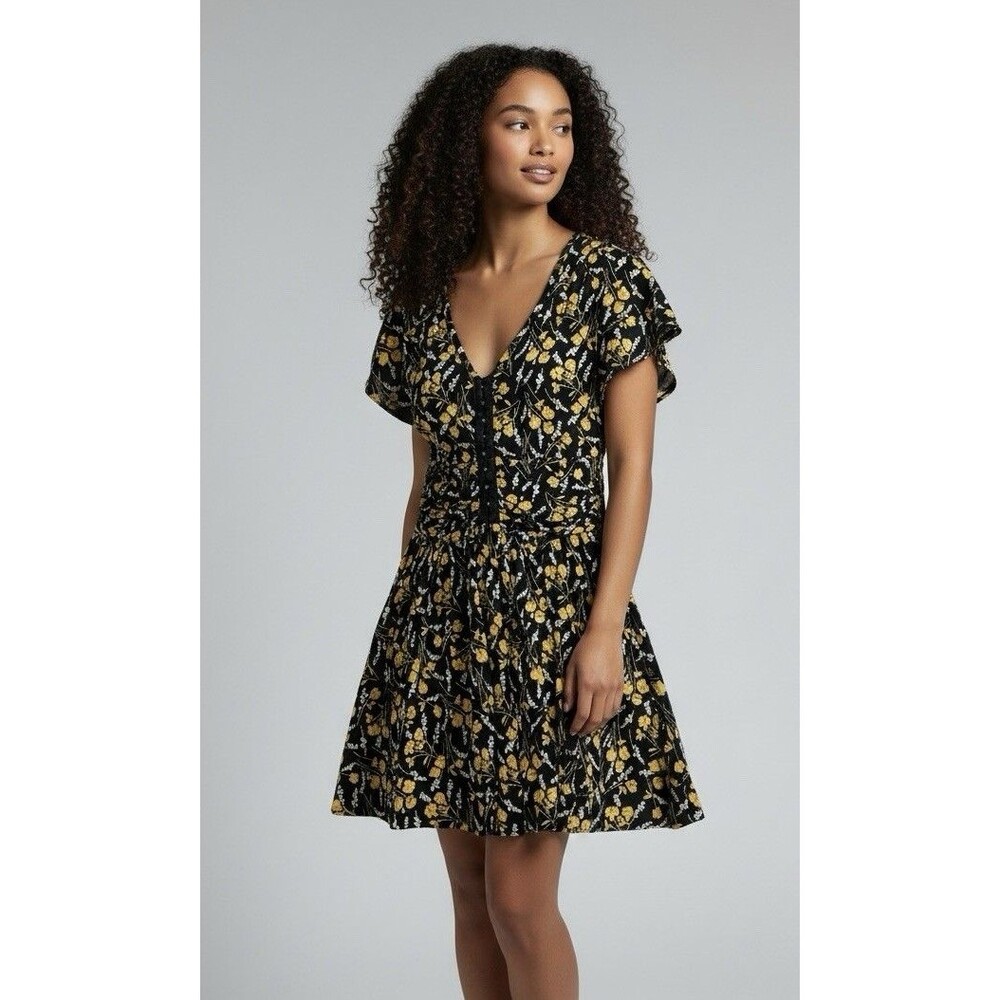 Maeve Black Mini Dress with Yellow Floral Print